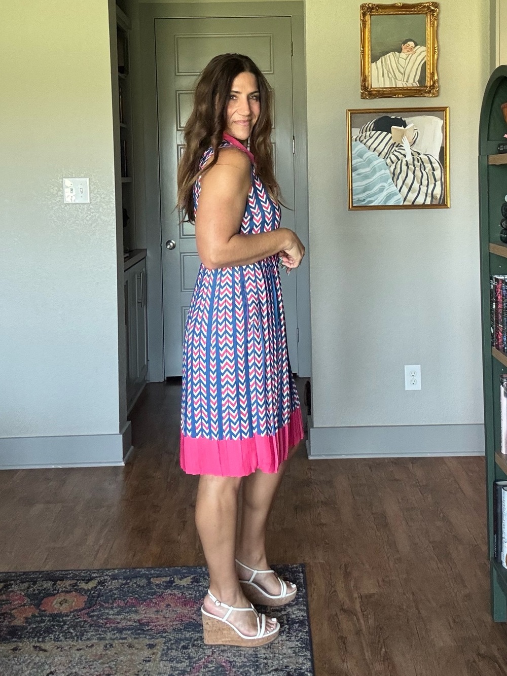ModCloth Chevron Print Pleated Hem Shirt Dress Pink Blue Retro Size Large - Picture 2 of 5